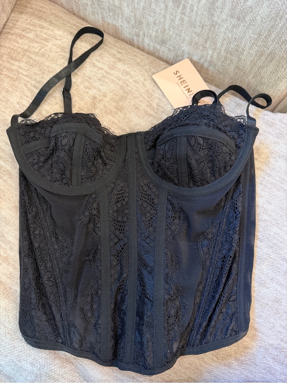 SHEIN Black Lace Longline Bustier with Underwire